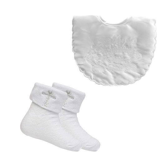 Baby Christening Bib and Socks Set - 0 to 12 Months