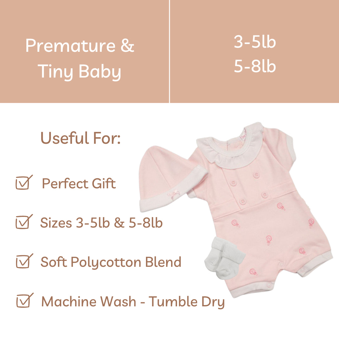 Premature Baby Short Romper, Hat & Socks Set 3-5lb & 5-8lb