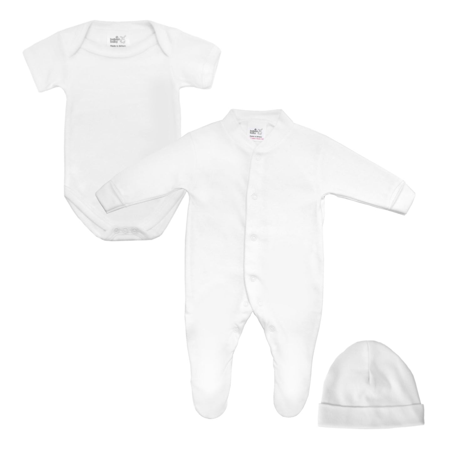 Baby Boys Set, Sleepsuit, Bodysuit, Hat, Made in UK, Pure Cotton, White