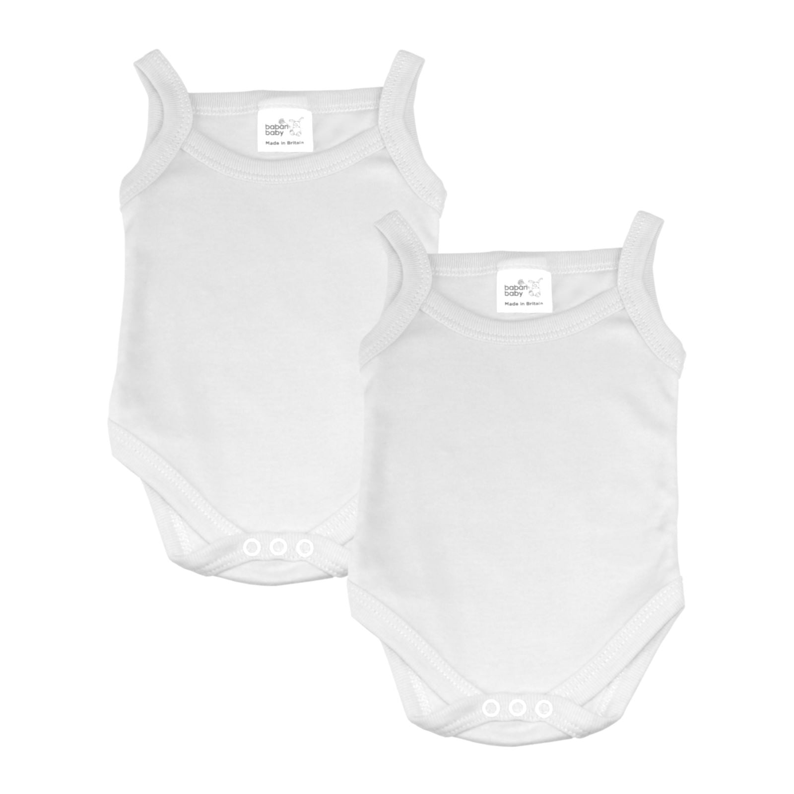 Baban Baby Bodysuits - 100% Cotton, Made in Britain, Sleeveless - White