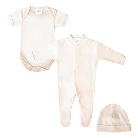 Baby Boys Set, Sleepsuit, Bodysuit, Hat, Made in UK, Pure Cotton, Cream