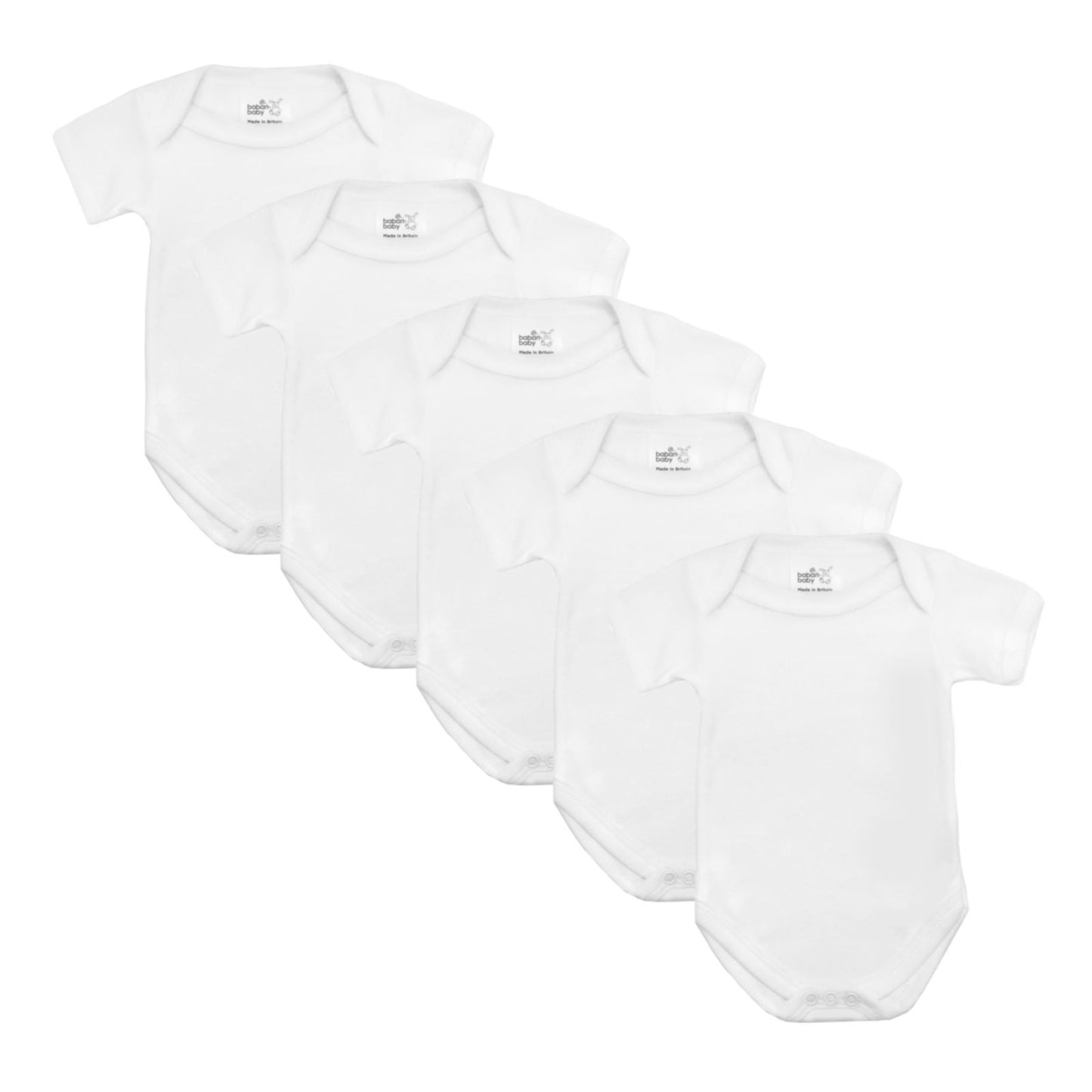 Baban Baby Bodysuits - 5 Pack - 100% Cotton, Made In Britain - White