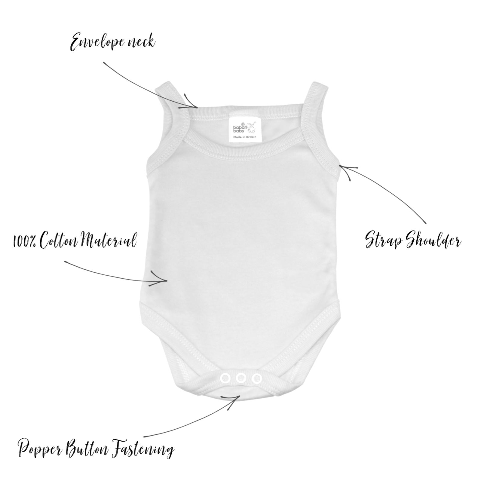 Baban Baby Bodysuits - 100% Cotton, Made in Britain, Sleeveless - White