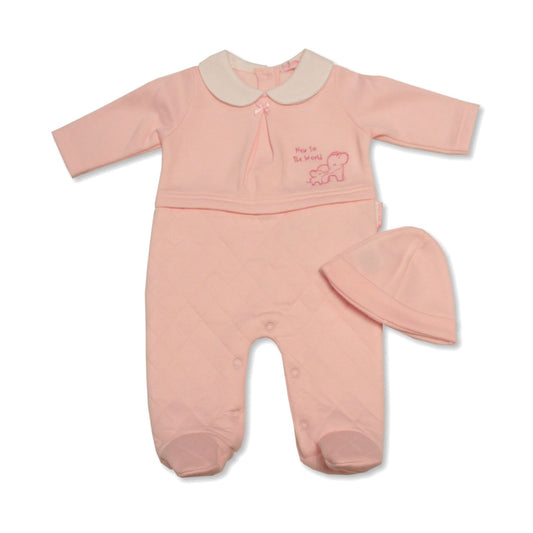 Baby Girls Outfit Set, Romper & Hat, 'New to the world' Theme - Pink