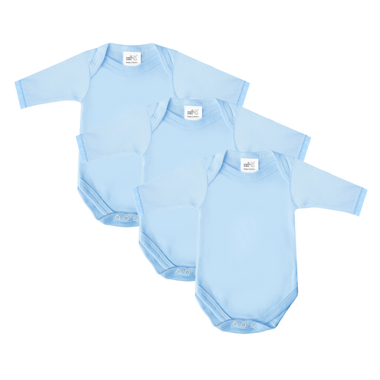 Baban Baby Long Sleeve Bodysuits, 3 Pack, 100% Cotton, Made in Britain - Blue