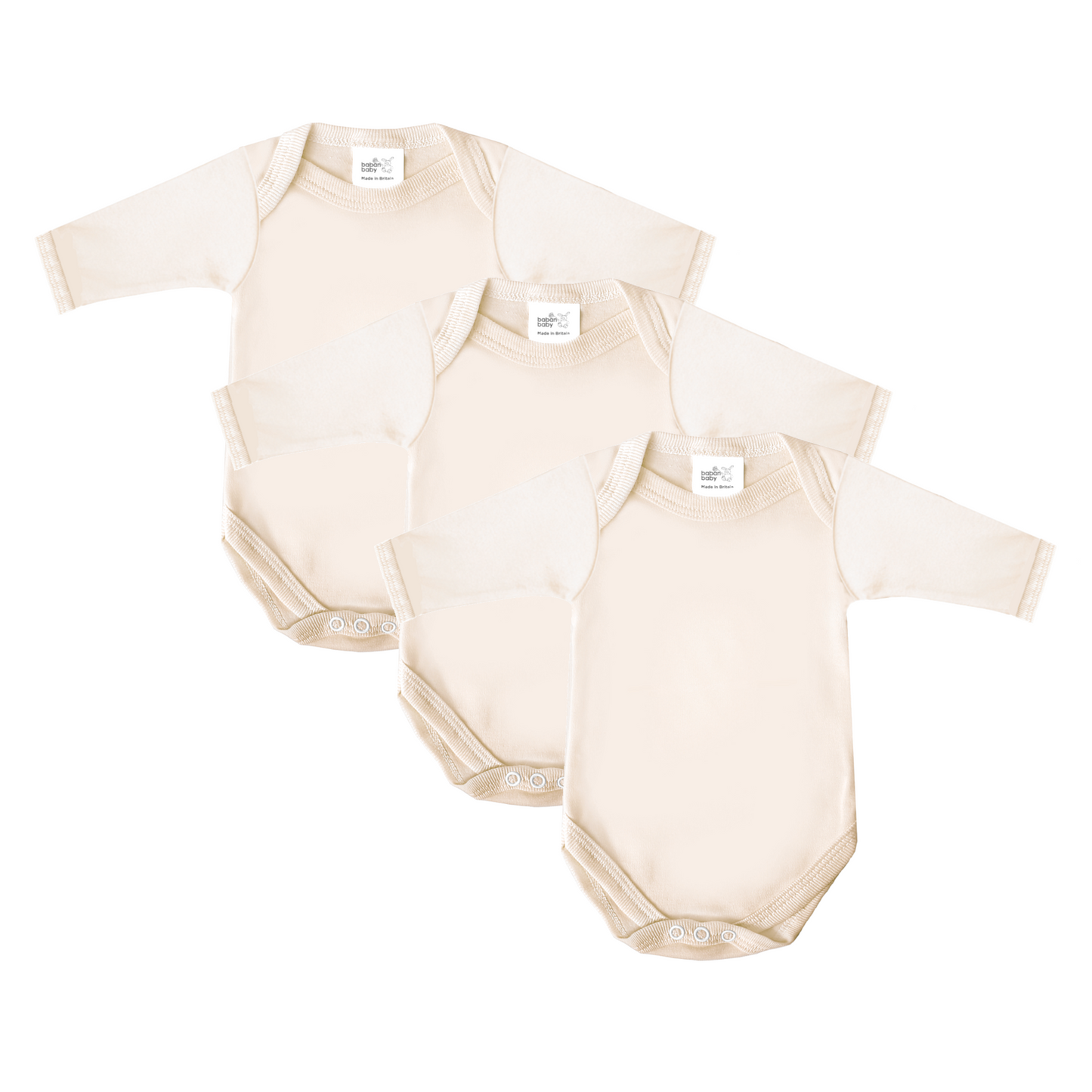 Baban Baby Long Sleeve Bodysuits, 3 Pack, 100% Cotton, Made in Britain - Cream