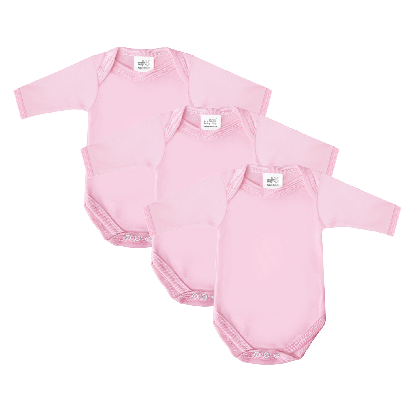 Baban Baby Long Sleeve Bodysuits, 3 Pack, 100% Cotton, Made in Britain - Pink