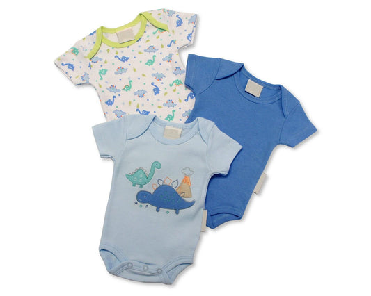 Baby Boys Short Sleeve Bodysuits - 3 Pack, Blue - 100% Cotton