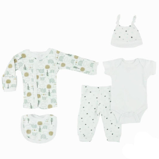 Tiny Baby 5 Piece Layette Set - White/Grey Elephant 5-8 lb