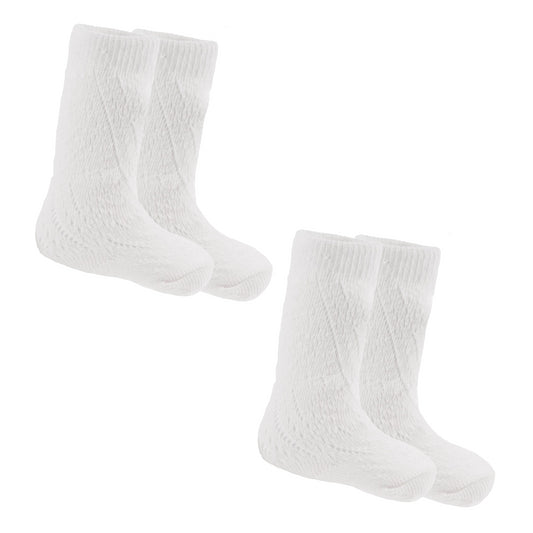 Baby Girls Knee High Socks, Pelerine Heart Pattern, 2 Pack - White